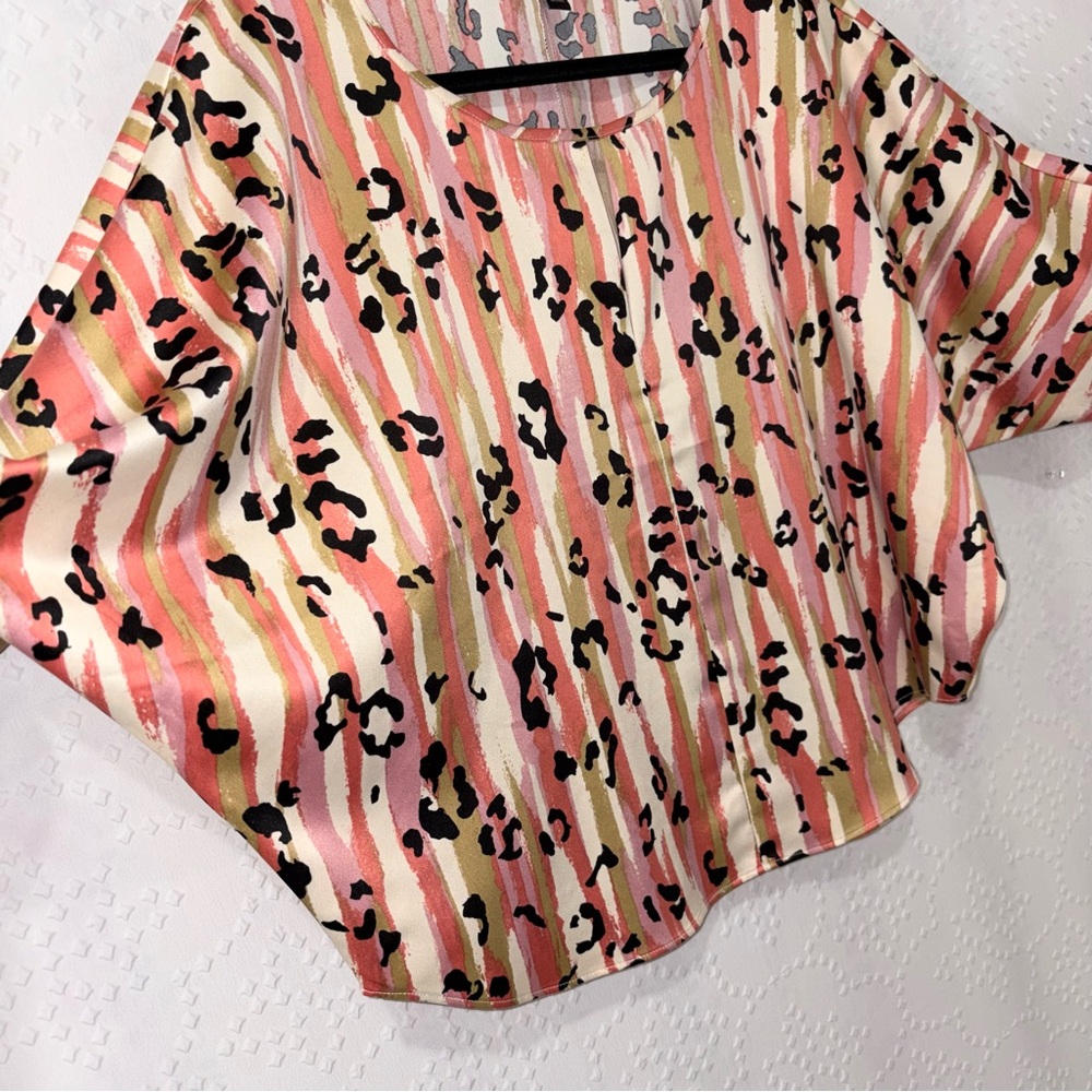 Animal Print Stripe Blouse Womens Medium Dolman Sleeve Pink Casual Top